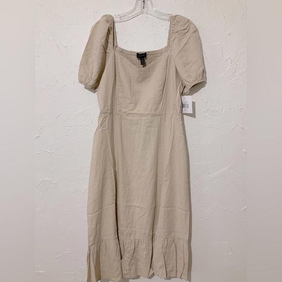 Ellen Tracy Sweetheart Neckline Balloon Sleeve Flounce Linen Midi Dress Sz Large - Picture 2 of 11